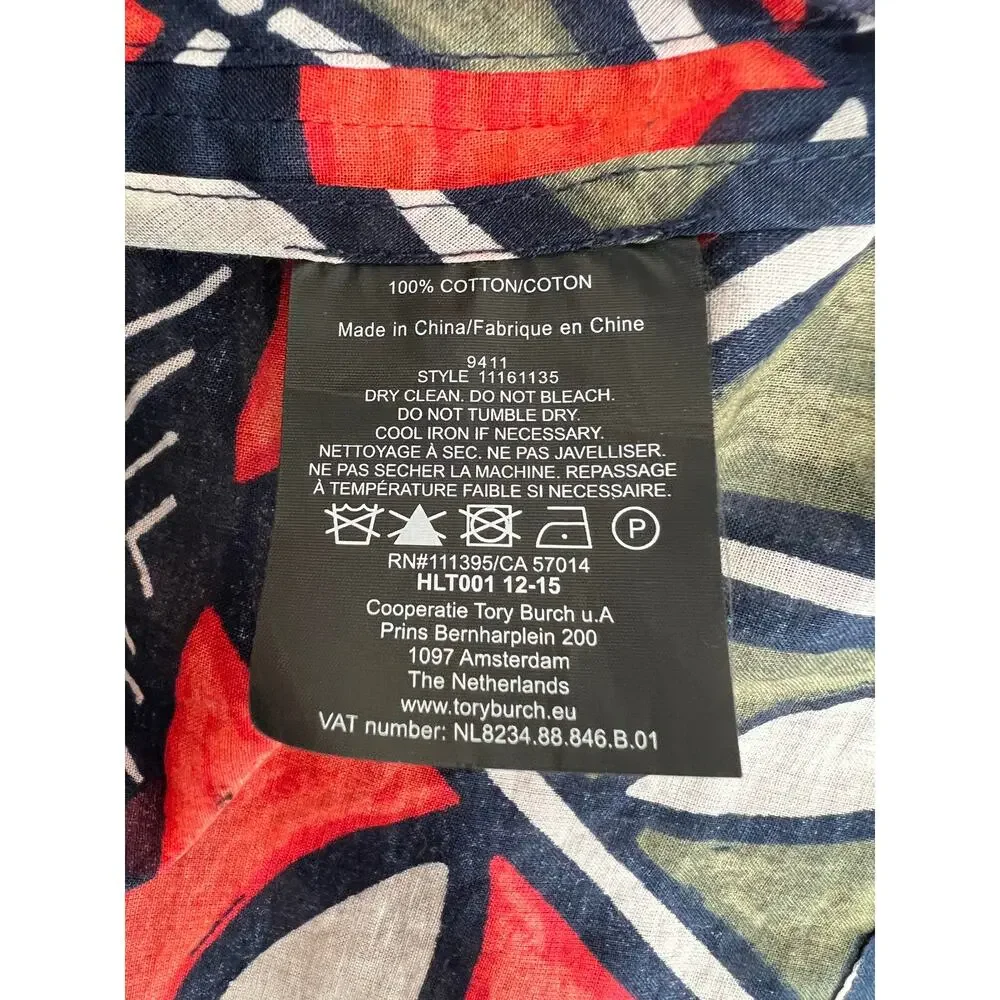 Tory Burch Geometric Blue Orange Print Long Sleeve Cotton Tunic Cover Up Size 4